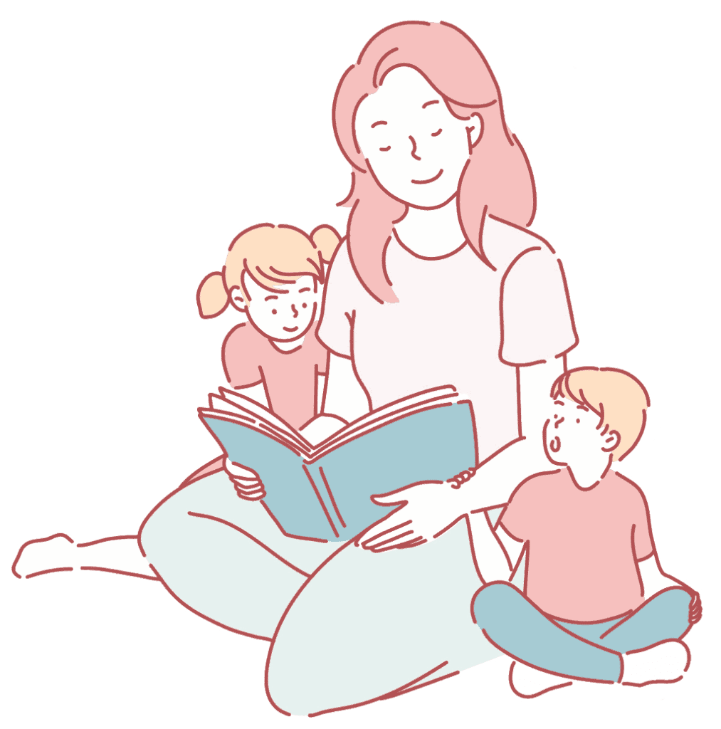 A woman reading to a boy and a girl